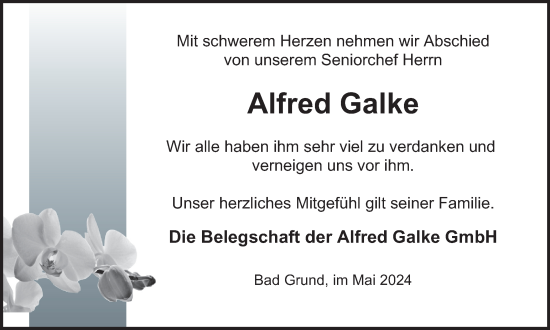 Traueranzeige von Alfred Galke von Harz Kurier