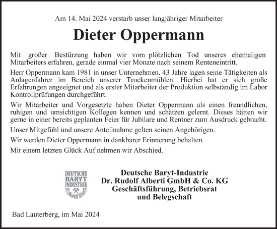 Traueranzeige von Dieter Oppermann von Harz Kurier