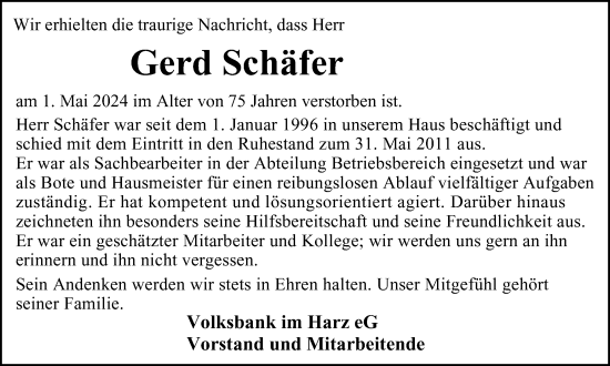 Traueranzeige von Gerd Schäfer von Harz Kurier