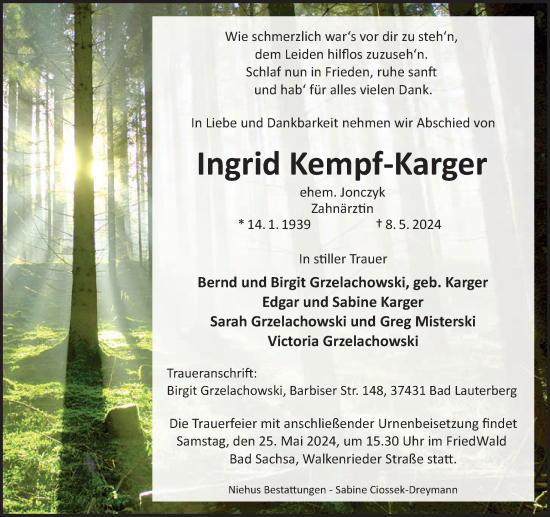 Traueranzeige von Ingrid Kempf-Karger von Harz Kurier