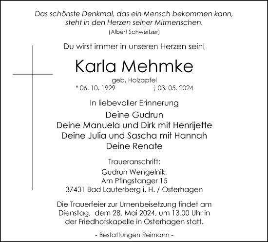 Traueranzeige von Karla Mehmke von Harz Kurier
