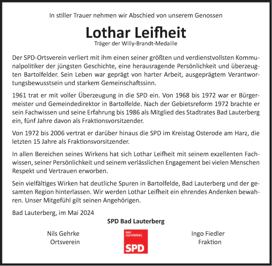Traueranzeige von Lothar Leifheit von Harz Kurier