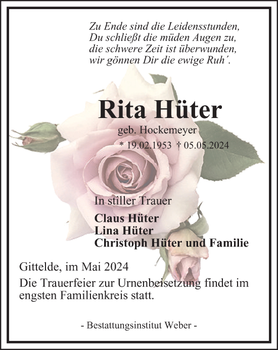 Traueranzeige von Rita Hüter von Harz Kurier
