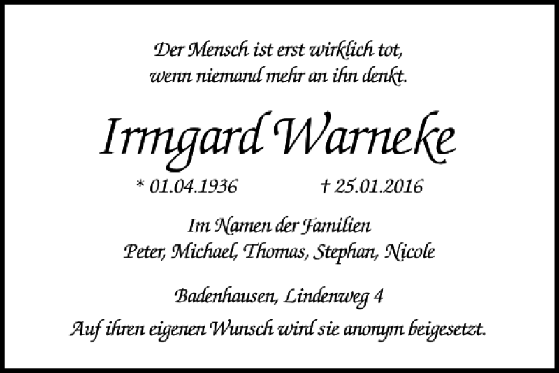  Traueranzeige für Irmgard Warneke vom 30.01.2016 aus Harz Kurier