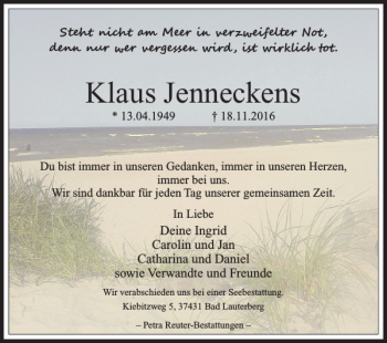 Traueranzeige von Klaus Jenneckens von Harz Kurier