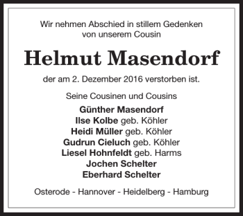 Traueranzeigen von Helmut Masendorf Harztrauer.de