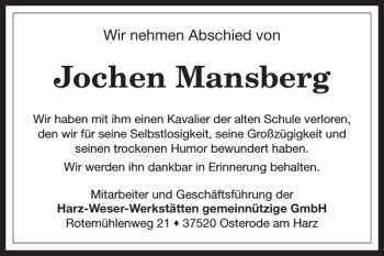 Traueranzeige von Jochen Mansberg von Harz Kurier