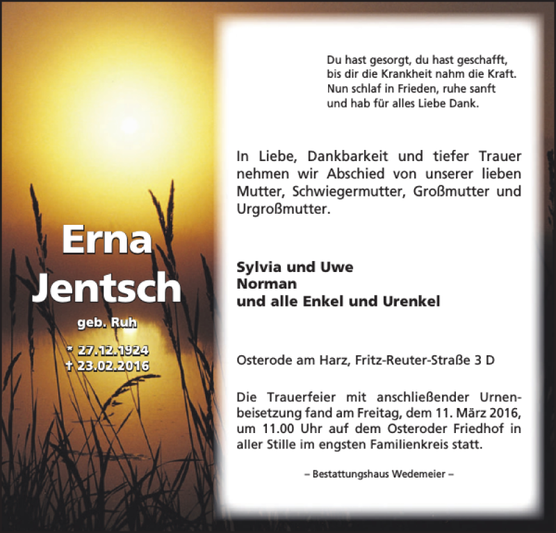  Traueranzeige für Erna Jentsch vom 14.03.2016 aus Harz Kurier