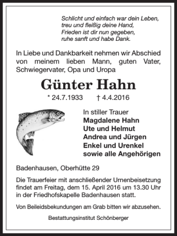 Traueranzeige von Günter Hahn von Harz Kurier