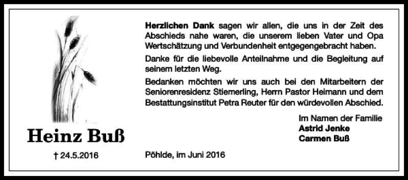  Traueranzeige für Heinz Buß vom 17.06.2016 aus Harz Kurier