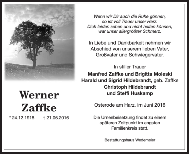  Traueranzeige für Werner Zaffke vom 25.06.2016 aus Harz Kurier
