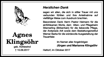 Traueranzeige von Agnes Klingsöhr von Harz Kurier