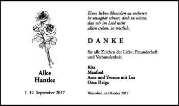 Traueranzeige von Alke Hantke DANKE von Harz Kurier