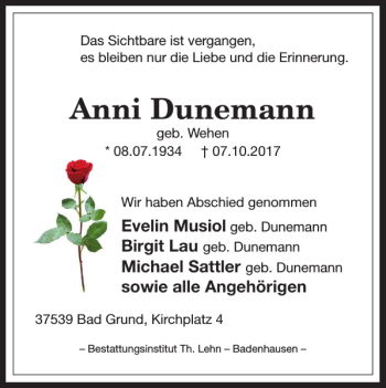 Traueranzeige von Anni Dunemann von Harz Kurier