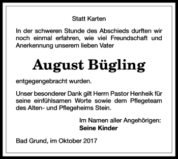 Traueranzeige von August Bügling von Harz Kurier