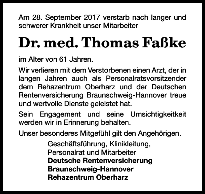  Traueranzeige für Dr. med. Thomas Faßke vom 07.10.2017 aus Harz Kurier