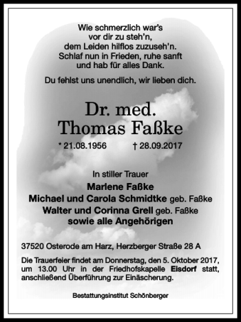 Traueranzeige von Dr. med. Thomas Faßke von Harz Kurier