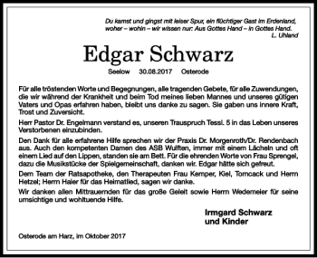 Traueranzeige von Edgar Schwarz von Harz Kurier