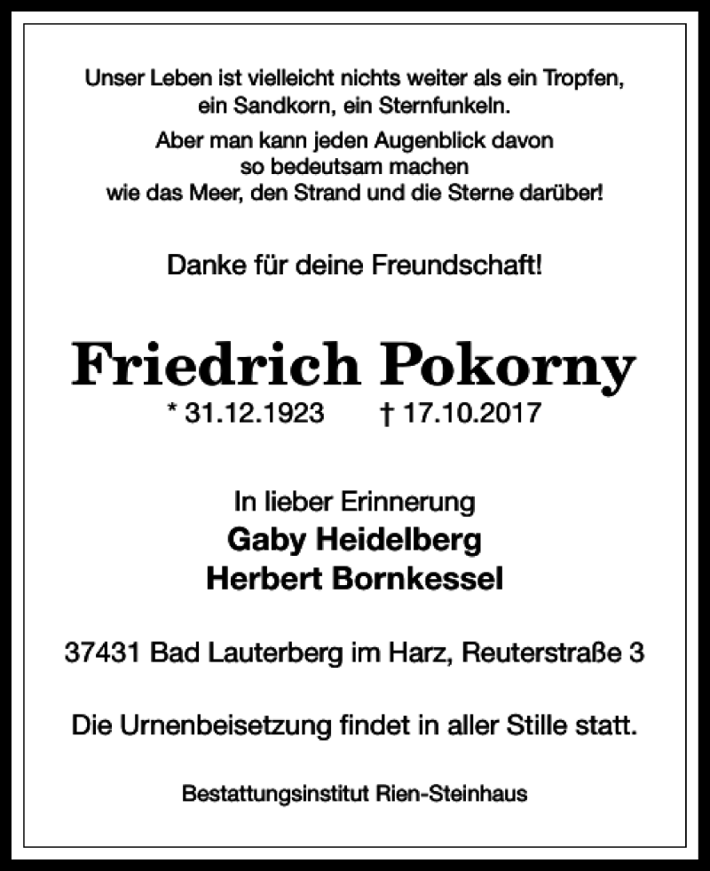  Traueranzeige für Friedrich Pokorny vom 21.10.2017 aus Harz Kurier
