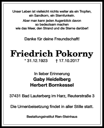 Traueranzeige von Friedrich Pokorny von Harz Kurier