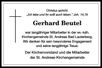 Traueranzeige von Gerhard Beutel von Harz Kurier