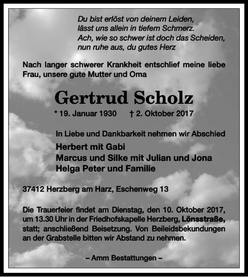 Traueranzeige für Gertrud Scholz vom 06.10.2017 aus Harz Kurier