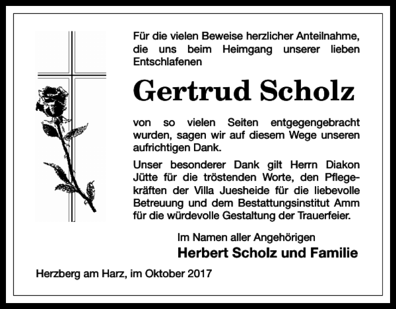  Traueranzeige für Gertrud Scholz vom 14.10.2017 aus Harz Kurier