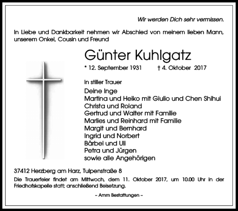  Traueranzeige für Günter Kuhlgatz vom 07.10.2017 aus Harz Kurier