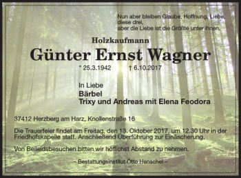 Traueranzeige von Günter Ernst Wagner von Harz Kurier