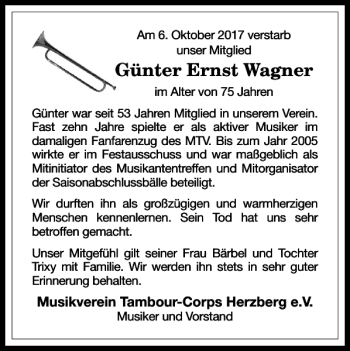 Traueranzeige von Günter Ernst Wagner von Harz Kurier