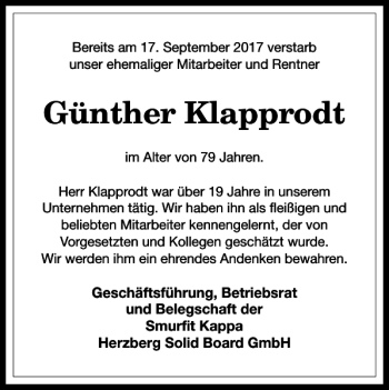 Traueranzeige von Günther Klapprodt von Harz Kurier