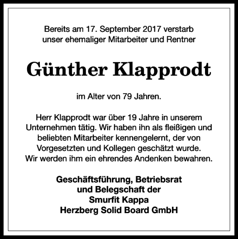  Traueranzeige für Günther Klapprodt vom 10.10.2017 aus Harz Kurier