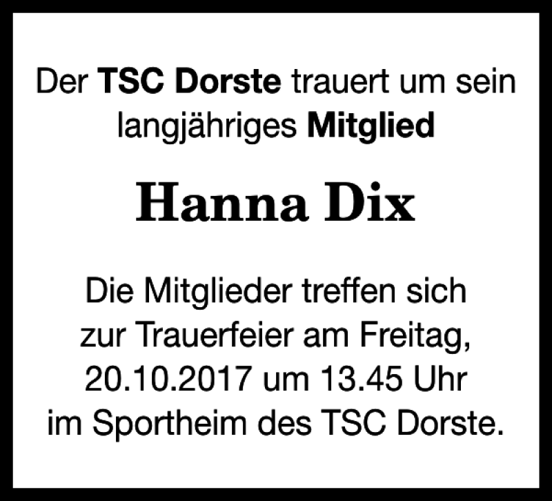  Traueranzeige für Hanna Dix vom 19.10.2017 aus Harz Kurier