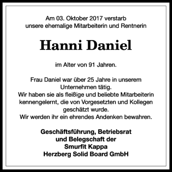 Traueranzeige von Hanni Daniel von Harz Kurier