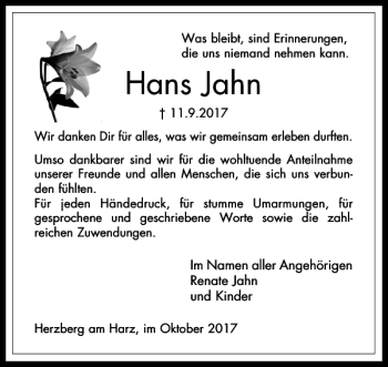 Traueranzeige von Hans Jahn von Harz Kurier