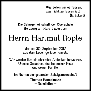 Traueranzeige von Hartmut Ropte von Harz Kurier