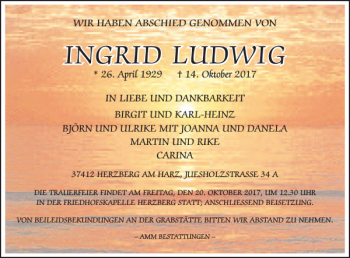 Traueranzeige von INGRID LUDWIG von Harz Kurier