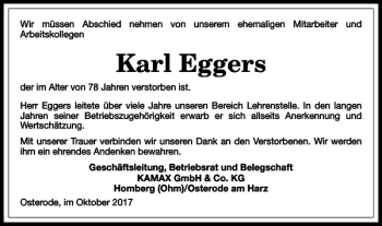 Traueranzeige von Karl Eggers von Harz Kurier