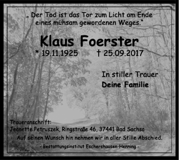 Traueranzeige von Klaus Foerster von Harz Kurier