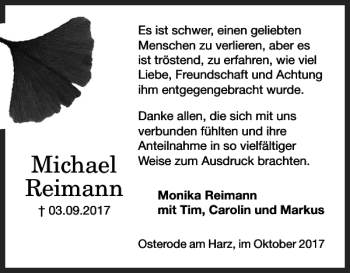 Traueranzeige von Michael Reimann von Harz Kurier