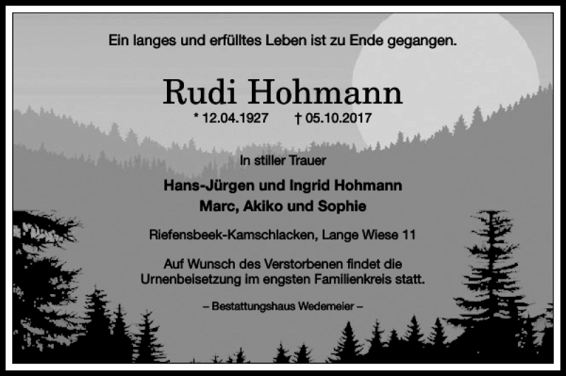  Traueranzeige für Rudi Hohmann vom 11.10.2017 aus Harz Kurier
