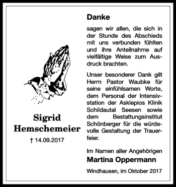 Traueranzeige von Sigrid Hemschemeier von Harz Kurier