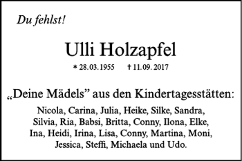 Traueranzeige von Ulli Holzapfel von Harz Kurier