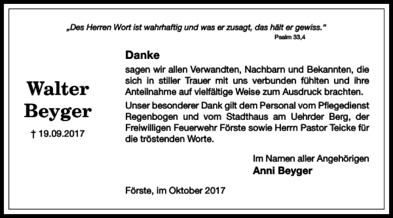  Traueranzeige für Walter Beyger vom 14.10.2017 aus Harz Kurier