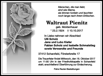 Traueranzeige von Waltraut Pienitz von Harz Kurier
