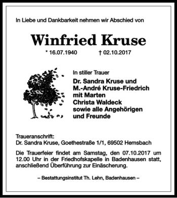 Traueranzeige von Winfried Kruse von Harz Kurier
