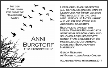 Traueranzeige von Anni Burgtorf von Harz Kurier