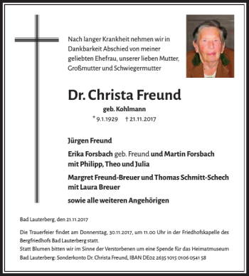 Traueranzeige von Dr. Christa Freund von Harz Kurier