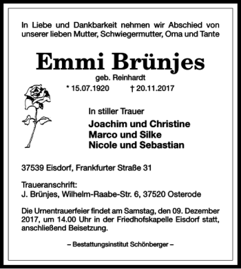 Traueranzeige von Emmi Brünjes von Harz Kurier