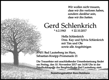 Traueranzeige von Gerd Schlenkrich von Harz Kurier